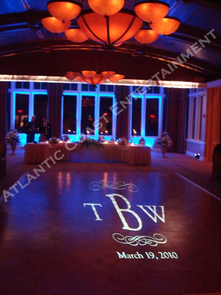 CT Wedding Head Table and Monogram with Uplighting at the Lake of Isles in Stonington CT