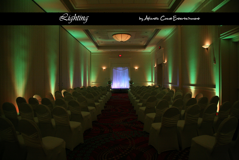 Wedding Ceremony Uplighting in green at the Marriott in Groton CT